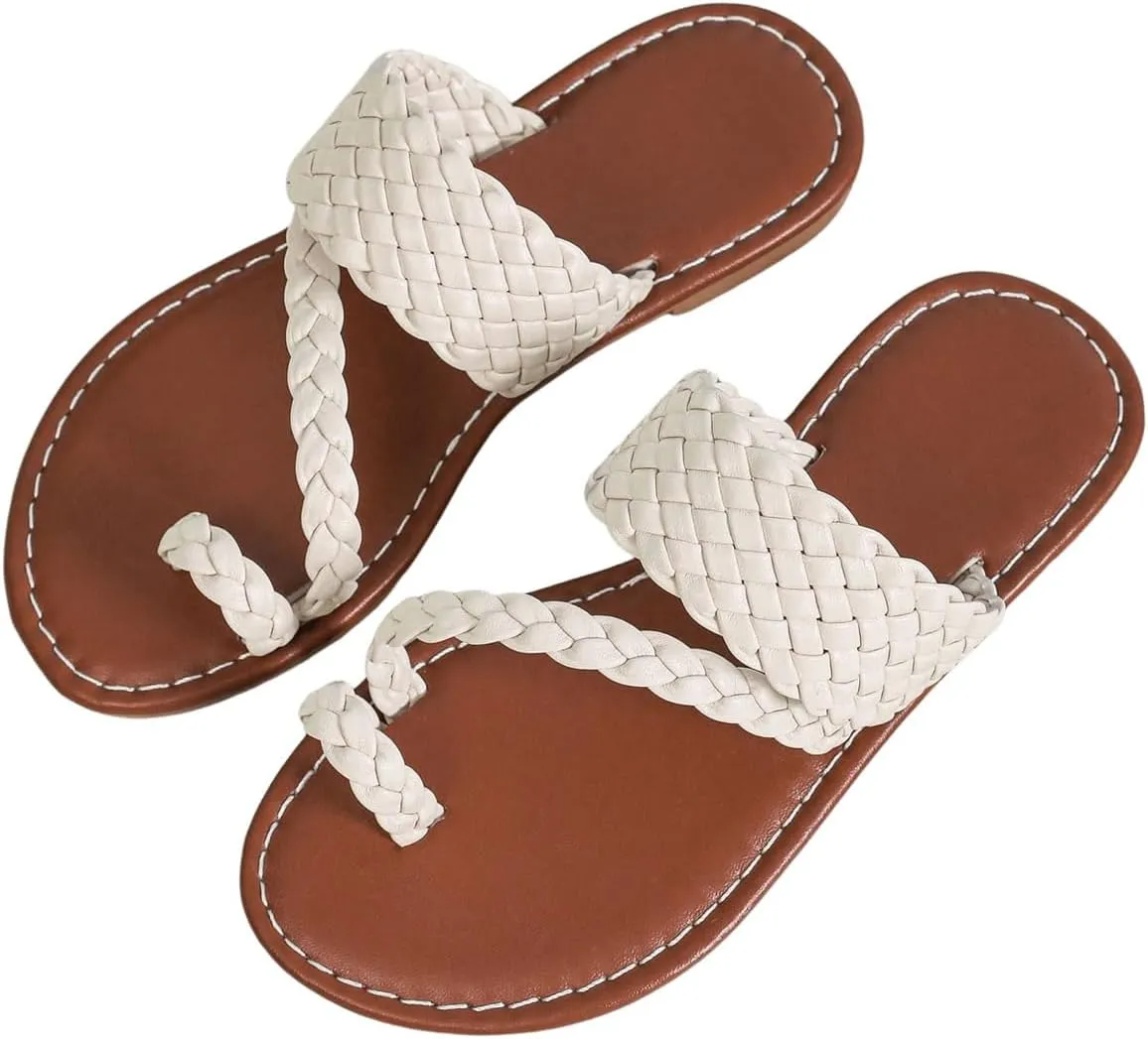 GORGLITTER Girl's Strappy Leather Flats Sandal Cute Braided Dressy Toe Ring Slip on Slide Sandals