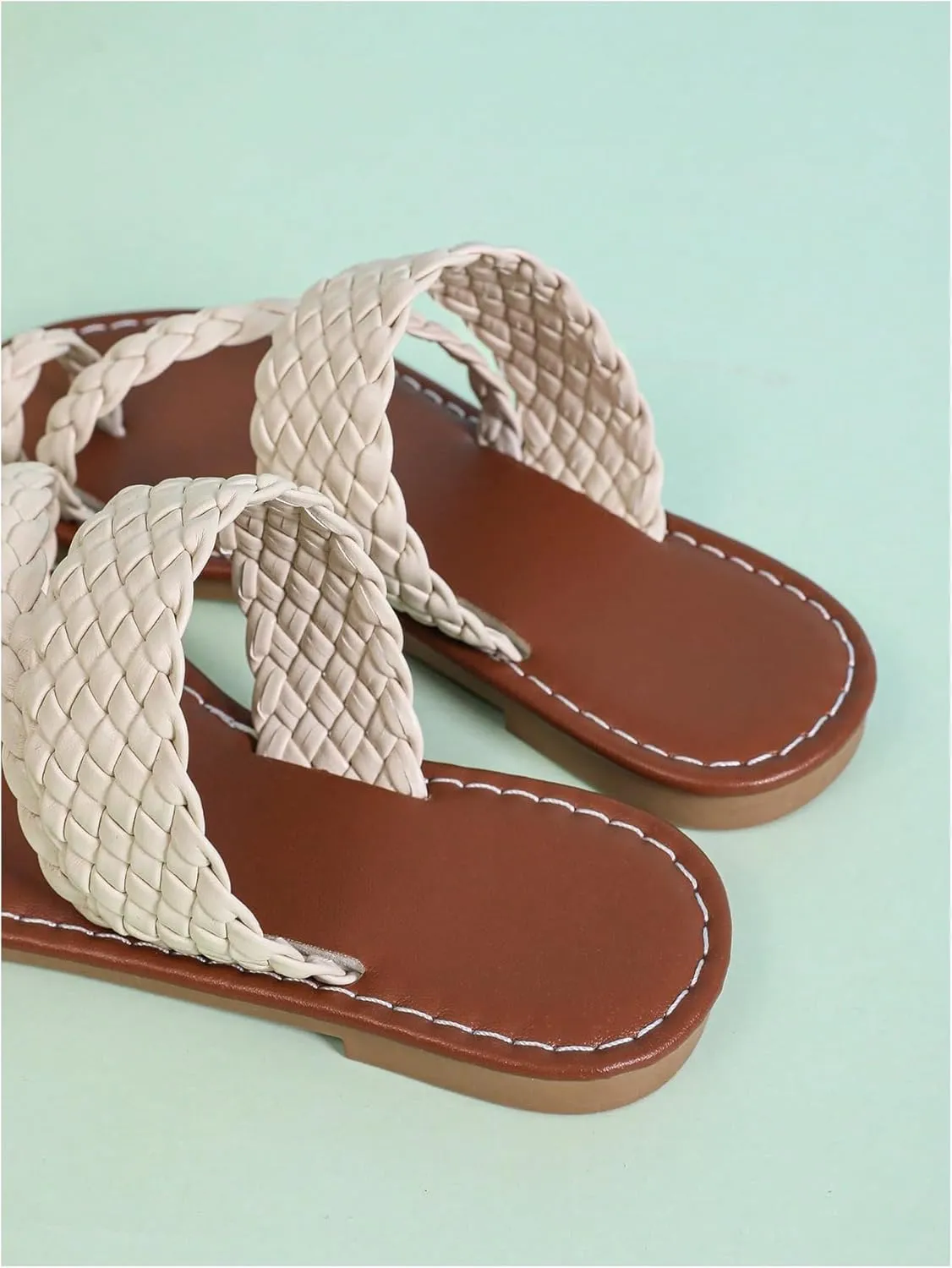 GORGLITTER Girl's Strappy Leather Flats Sandal Cute Braided Dressy Toe Ring Slip on Slide Sandals