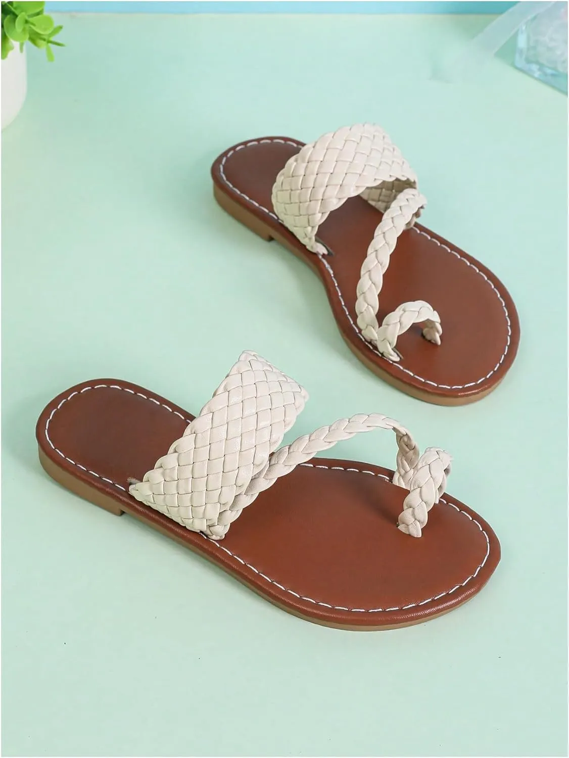 GORGLITTER Girl's Strappy Leather Flats Sandal Cute Braided Dressy Toe Ring Slip on Slide Sandals
