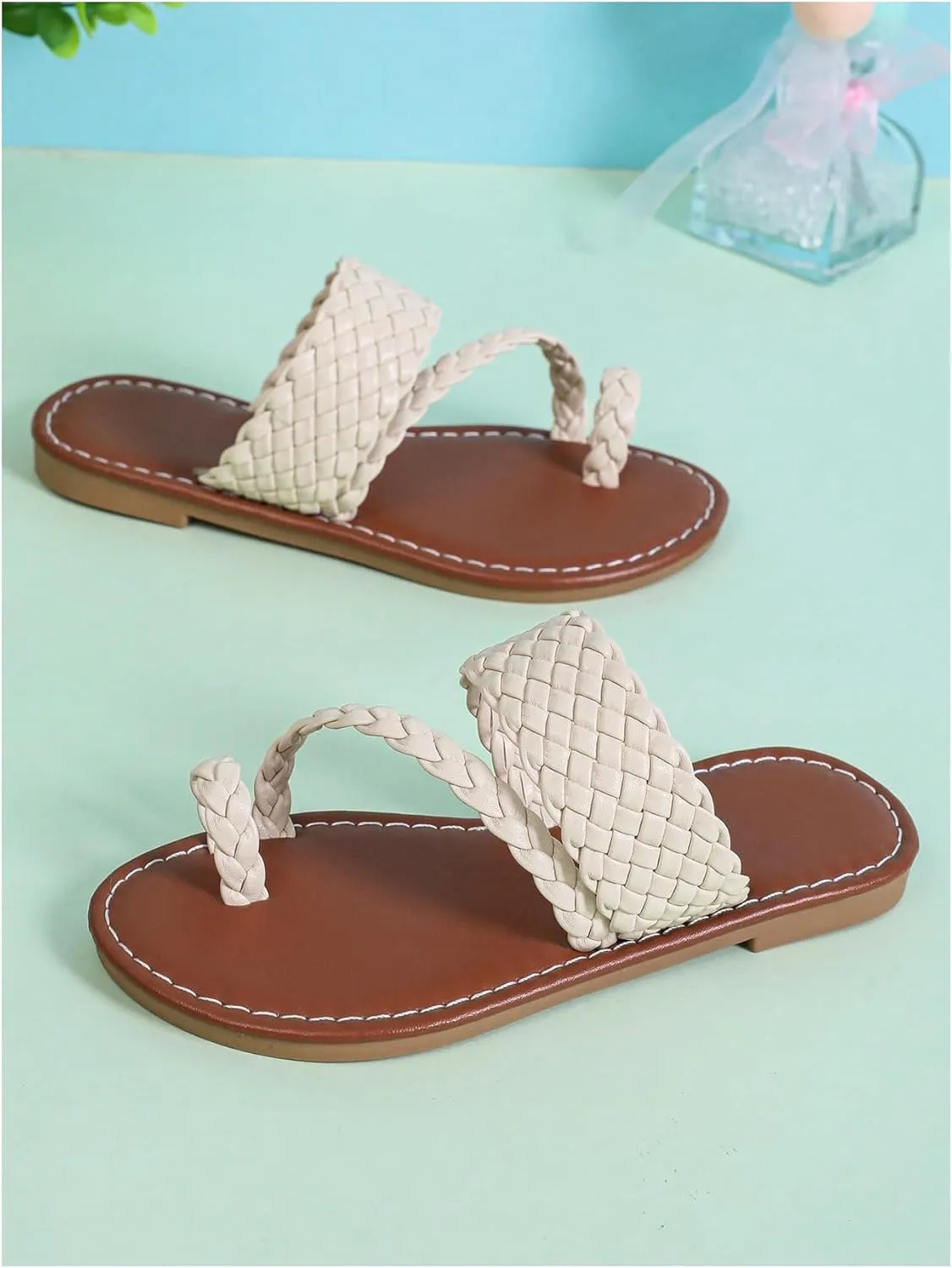 GORGLITTER Girl's Strappy Leather Flats Sandal Cute Braided Dressy Toe Ring Slip on Slide Sandals