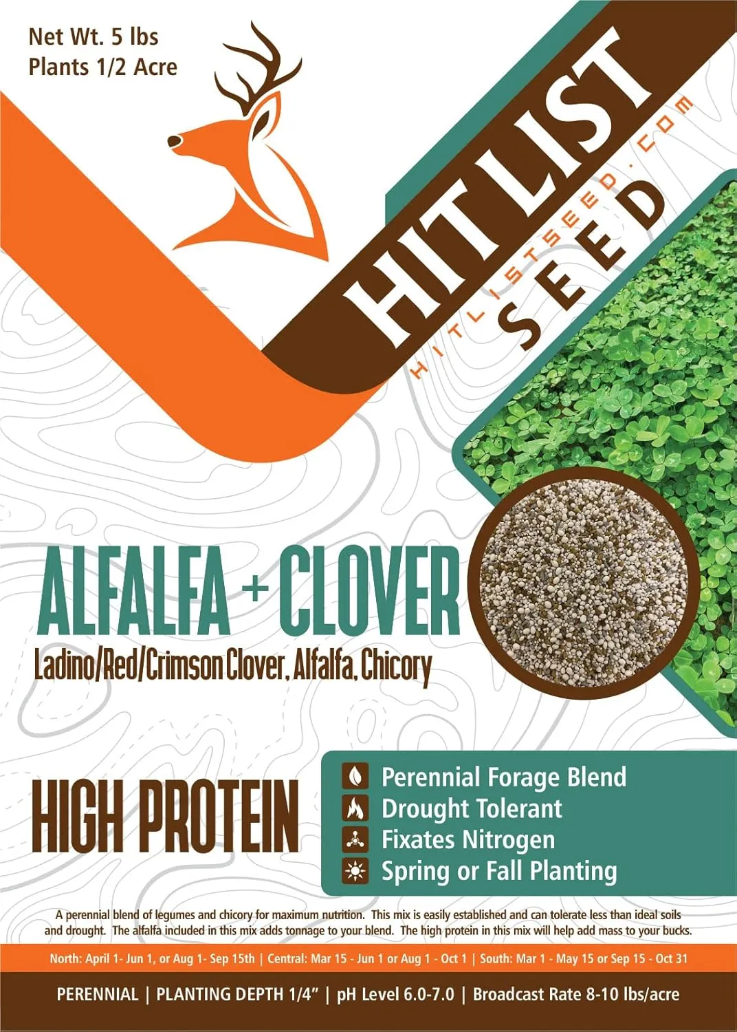 HIT LIST SEED® Alfalfa   Clover Food Plot Seeds for Deer [Perennial] - Food Plot Seed Perennial - Deer Plot Seed Mix - Ladino/Red/Crimson Clover, Alfalfa, Chicory - Spring & Fall Planting - 5 lbs