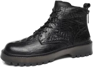 HOOENG Round Toe Boots for Men Derby Crocodile Print Double Back Zip Cowhide Leather Anti-Slip Waterproof Wearable Fashion Dress (Color : Black Lined, Size : 6.5)