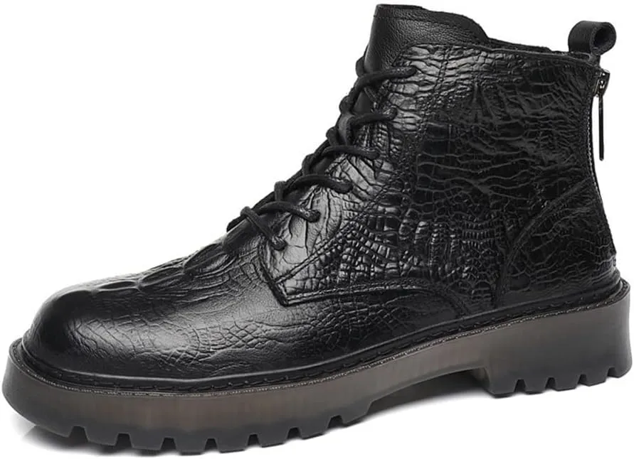 HOOENG Round Toe Boots for Men Derby Crocodile Print Double Back Zip Cowhide Leather Anti-Slip Waterproof Wearable Fashion Dress (Color : Black Lined, Size : 6.5)