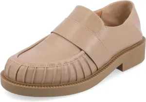 Journee Womens Ruched Lakenn Comfort Foam Slip On Closed Round Toe Crash Back Block Heel Loafer Flats Taupe, 12