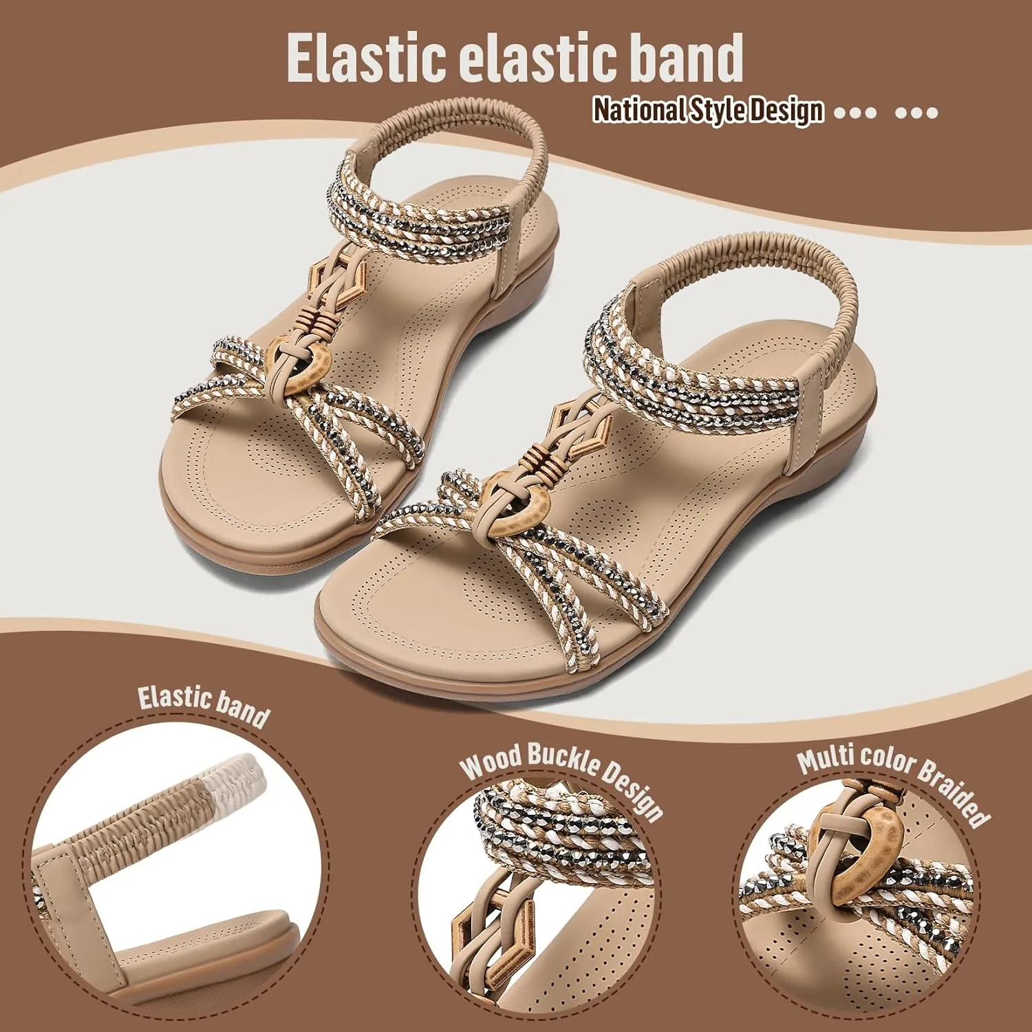 Littleplum Womens Sandals Arch Support Summer Flat Slides Ankle Elastic Walking Shoes Braided Beach Dressy Sandals for Women