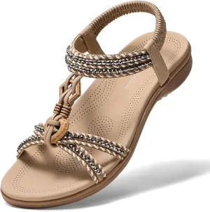 Littleplum Womens Sandals Arch Support Summer Flat Slides Ankle Elastic Walking Shoes Braided Beach Dressy Sandals for Women
