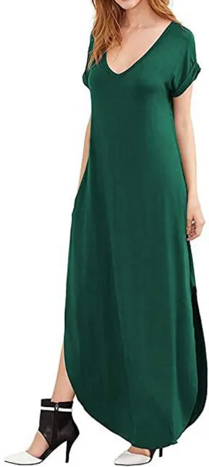 Match Women's V-Neck Casual Loose Short Sleeve Long T-Shirt Dress Split Maxi Dress with Side Pocket