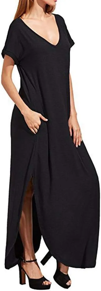 Match Women's V-Neck Casual Loose Short Sleeve Long T-Shirt Dress Split Maxi Dress with Side Pocket