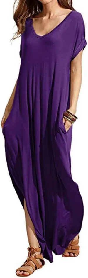 Match Women's V-Neck Casual Loose Short Sleeve Long T-Shirt Dress Split Maxi Dress with Side Pocket