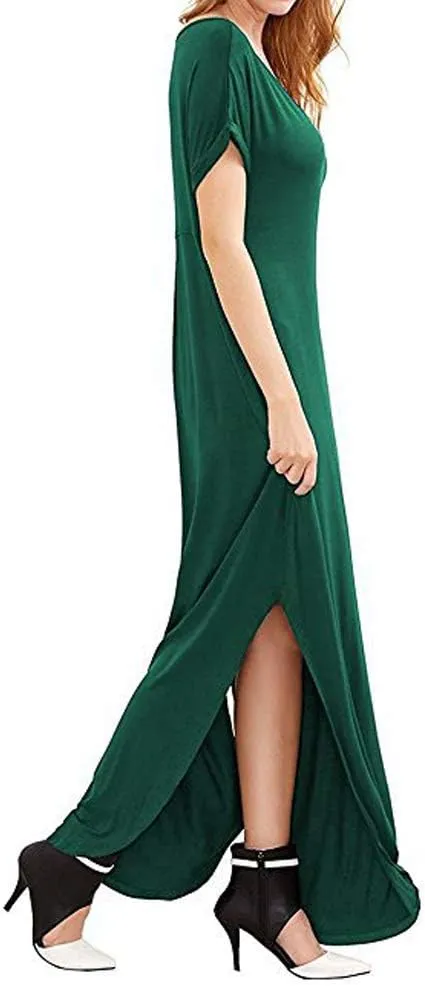 Match Women's V-Neck Casual Loose Short Sleeve Long T-Shirt Dress Split Maxi Dress with Side Pocket