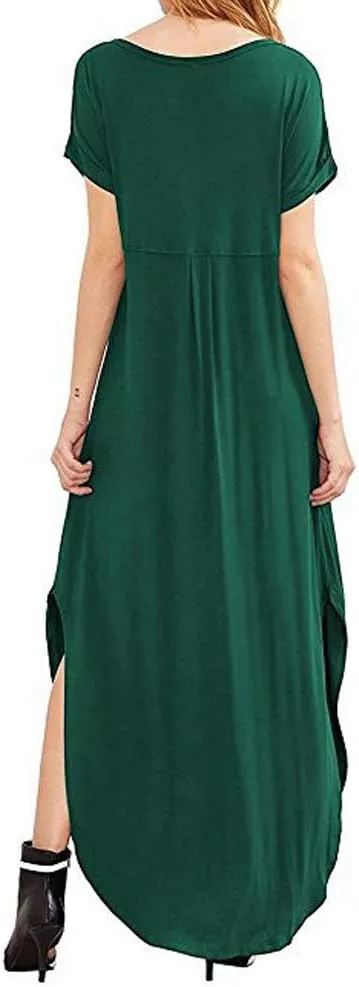Match Women's V-Neck Casual Loose Short Sleeve Long T-Shirt Dress Split Maxi Dress with Side Pocket