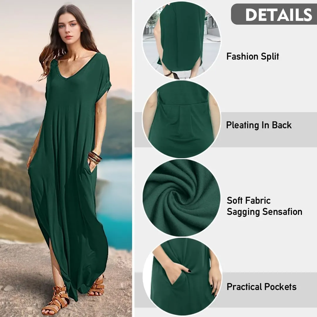 Match Women's V-Neck Casual Loose Short Sleeve Long T-Shirt Dress Split Maxi Dress with Side Pocket