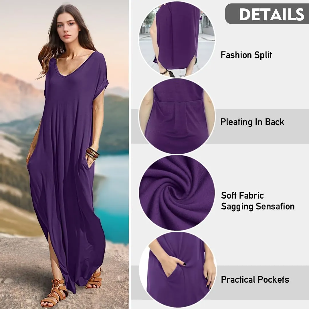 Match Women's V-Neck Casual Loose Short Sleeve Long T-Shirt Dress Split Maxi Dress with Side Pocket