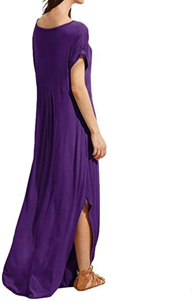 Match Women's V-Neck Casual Loose Short Sleeve Long T-Shirt Dress Split Maxi Dress with Side Pocket