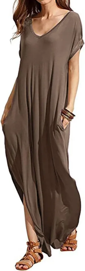 Match Women's V-Neck Casual Loose Short Sleeve Long T-Shirt Dress Split Maxi Dress with Side Pocket