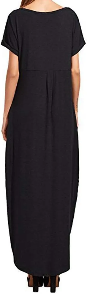 Match Women's V-Neck Casual Loose Short Sleeve Long T-Shirt Dress Split Maxi Dress with Side Pocket