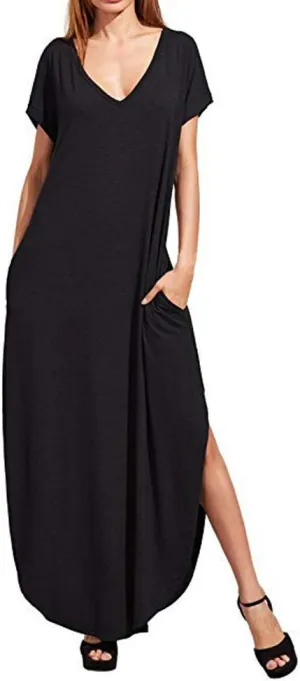 Match Women's V-Neck Casual Loose Short Sleeve Long T-Shirt Dress Split Maxi Dress with Side Pocket