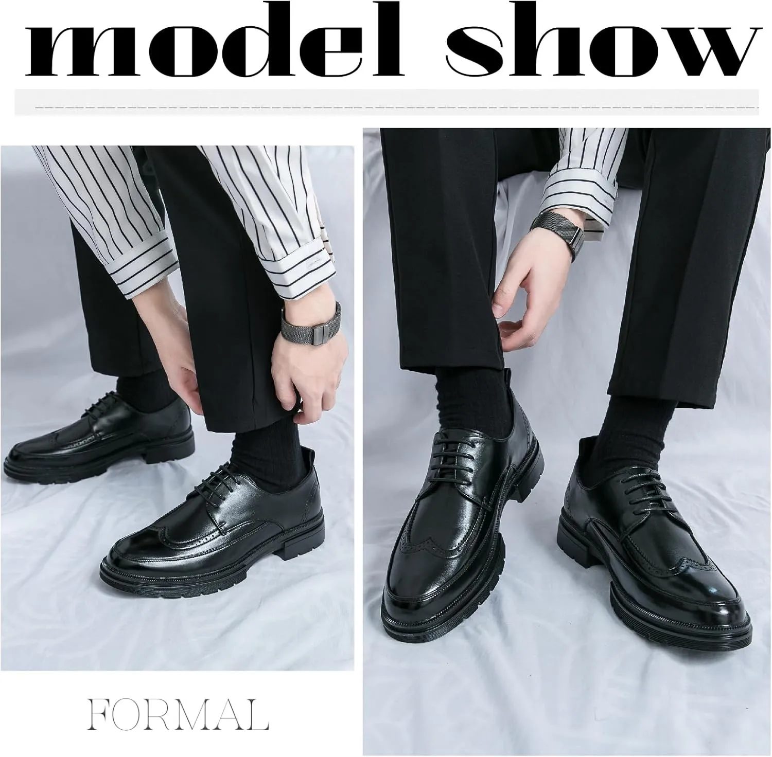 Men's Leather Platform Wingtips Oxfords Retro Brogue Classic Lace-up Lug Sole Dress Shoes for Formal Business Office Derby Shoes