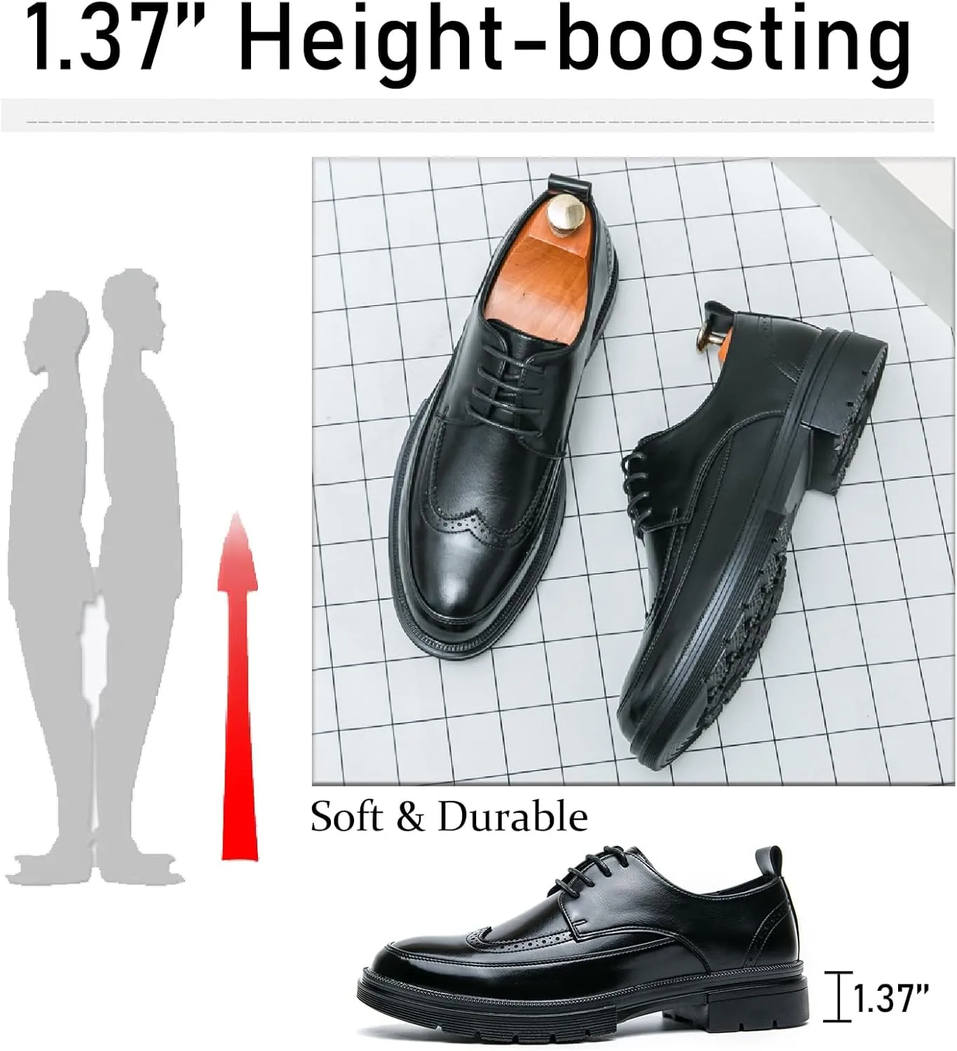 Men's Leather Platform Wingtips Oxfords Retro Brogue Classic Lace-up Lug Sole Dress Shoes for Formal Business Office Derby Shoes