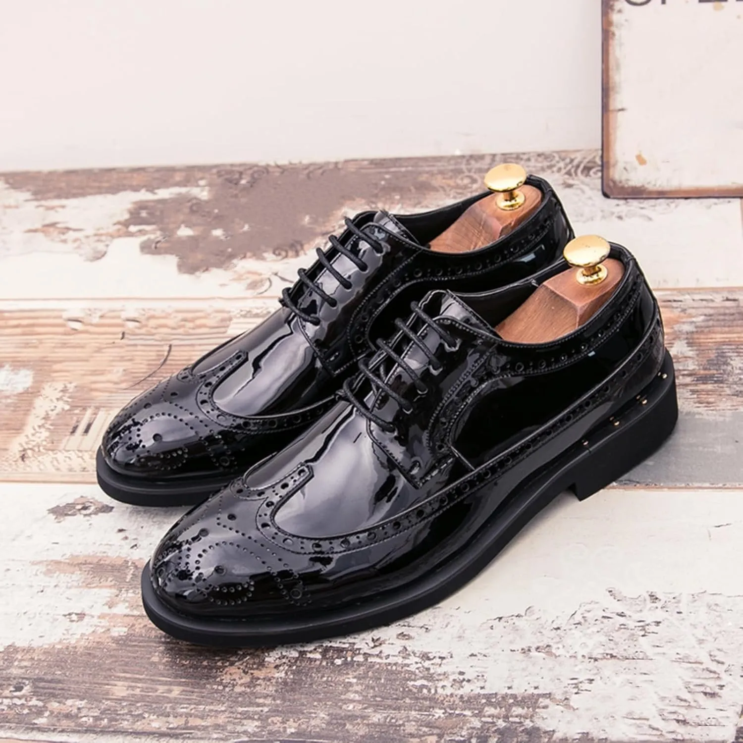 Men's Sparkle Patent Leather Brogue Wingtip Lace Up Dress Oxford Shoes Tuxedo Modern Round Toe Slip On Derby Shoes for Wedding Evening Party