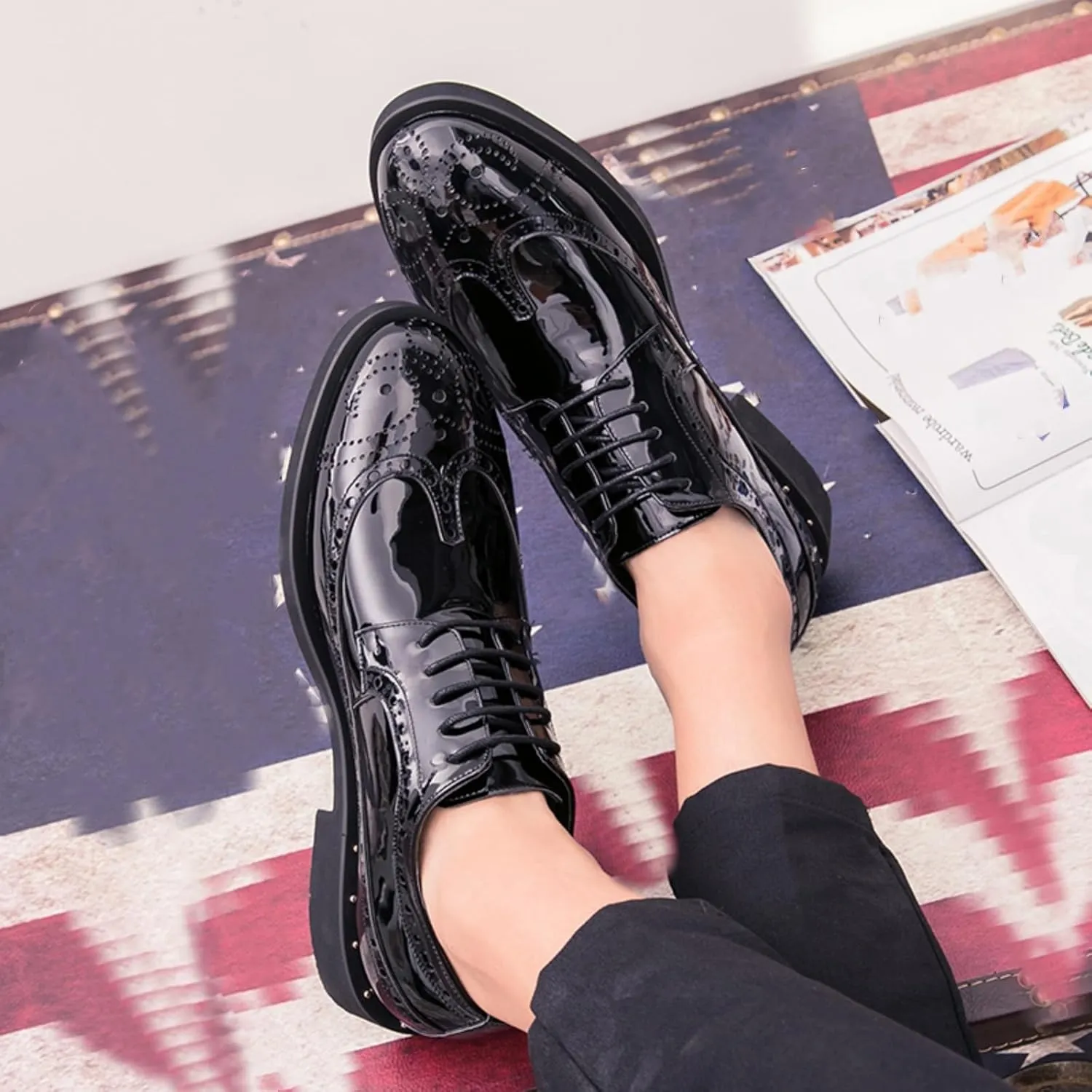 Men's Sparkle Patent Leather Brogue Wingtip Lace Up Dress Oxford Shoes Tuxedo Modern Round Toe Slip On Derby Shoes for Wedding Evening Party