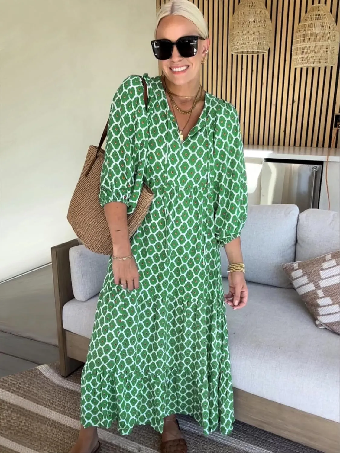 miduo Womens Loose Fit Casual Summer V Neck Half Sleeve Bohemian Geometric Pattern Maxi Long Dresses