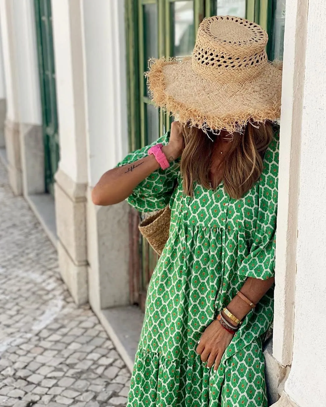 miduo Womens Loose Fit Casual Summer V Neck Half Sleeve Bohemian Geometric Pattern Maxi Long Dresses