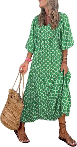 miduo Womens Loose Fit Casual Summer V Neck Half Sleeve Bohemian Geometric Pattern Maxi Long Dresses