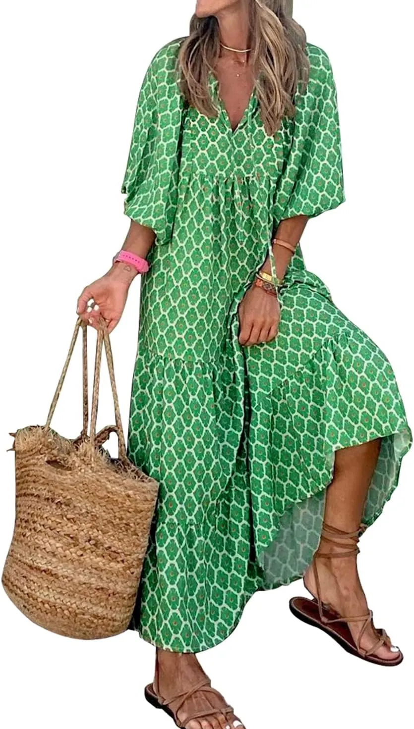 miduo Womens Loose Fit Casual Summer V Neck Half Sleeve Bohemian Geometric Pattern Maxi Long Dresses