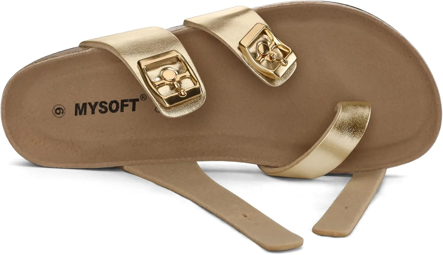 mysoft Women's Cork Footbed Sandals Double Adjustable Buckle Slide Sandals Slip On Walking Summer Shoes