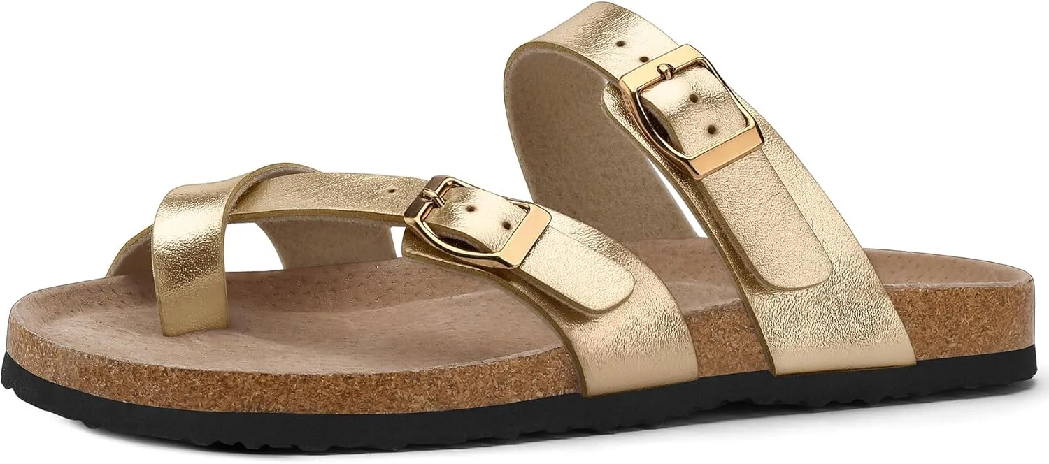 mysoft Women's Cork Footbed Sandals Double Adjustable Buckle Slide Sandals Slip On Walking Summer Shoes