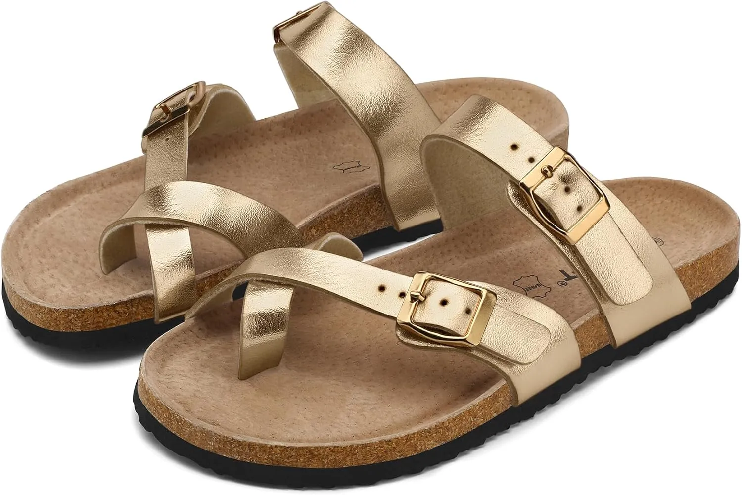 mysoft Women's Cork Footbed Sandals Double Adjustable Buckle Slide Sandals Slip On Walking Summer Shoes
