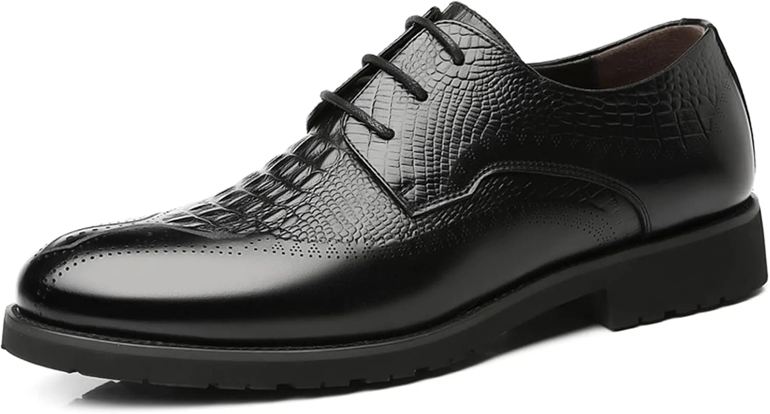 New Dress Oxford Formal Shoes for Men Lace Up Crocodile Embossed Derby Shoes Brogues Burnish Round Toe Vegan Leather Non Slip Resistant Low Top Anti-Slip