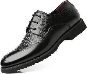 New Dress Oxford Formal Shoes for Men Lace Up Crocodile Embossed Derby Shoes Brogues Burnish Round Toe Vegan Leather Non Slip Resistant Low Top Anti-Slip