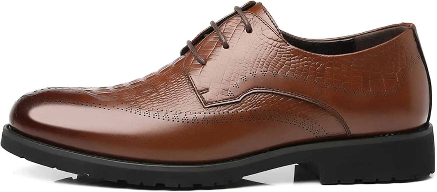 New Dress Oxford Formal Shoes for Men Lace Up Crocodile Embossed Derby Shoes Brogues Burnish Round Toe Vegan Leather Non Slip Resistant Low Top Anti-Slip
