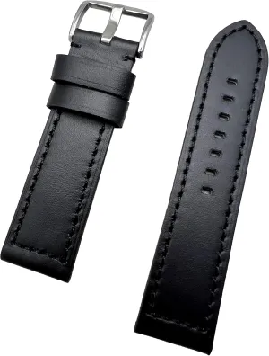 NewLife 26mm Long, Black Leather Watchband Compatible with Panerai Watch | Thick, Smooth, Flat Padded Replacement Watchstrap Bracelet that brings to Any Watch (Mens Long Length)