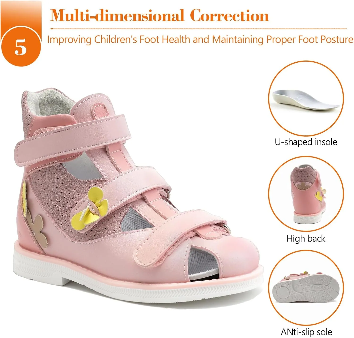 Orthopedic Sandals for Kids with Arch and Ankle Support, Toddlers High Back Closed-toe Shoes