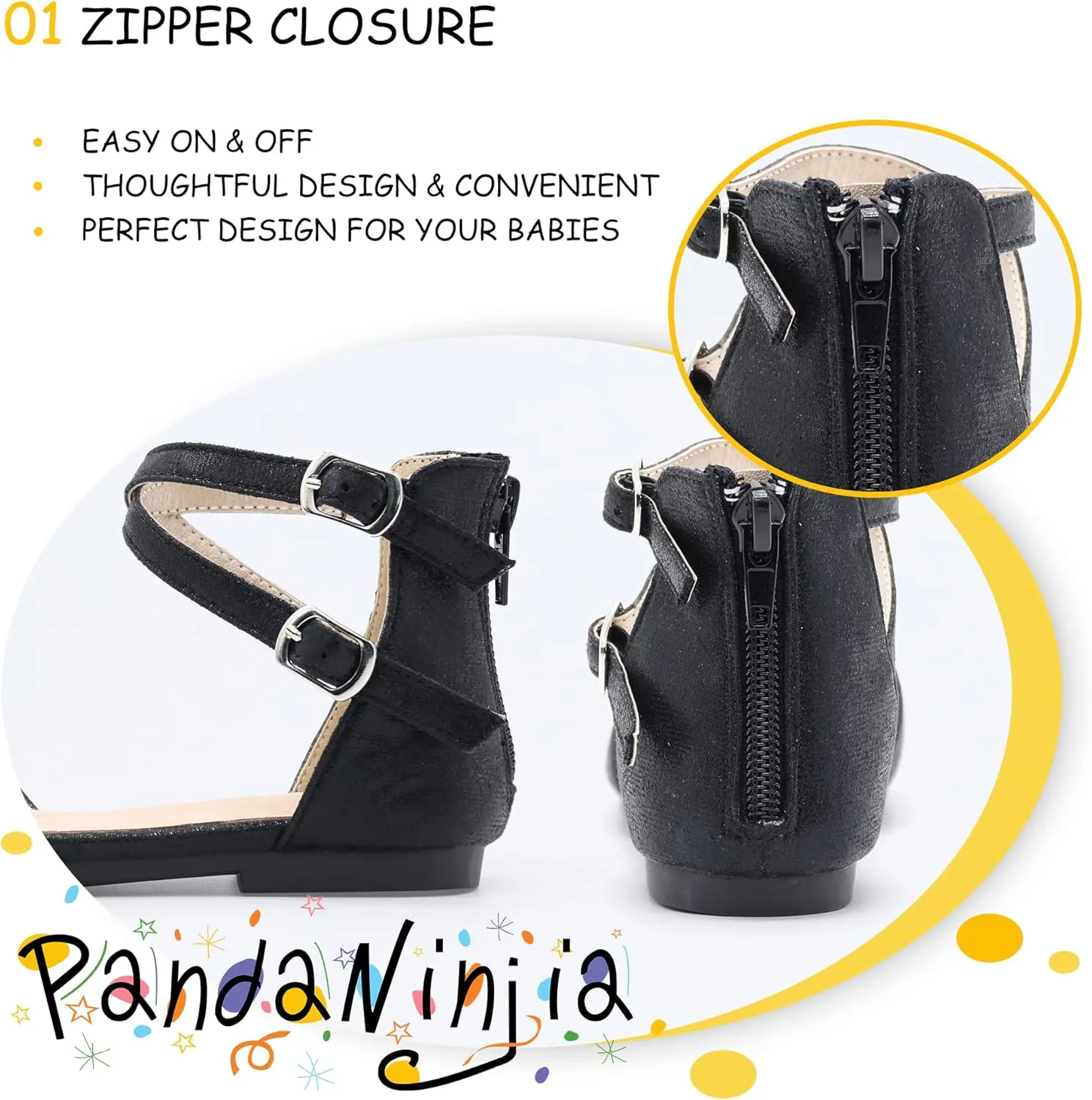 PANDANINJIA Girls Dress Shoes Flats Wedding Party School Toddler Little Kids Ankle Strap Ballet Flats Sandals