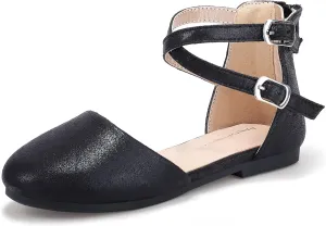 PANDANINJIA Girls Dress Shoes Flats Wedding Party School Toddler Little Kids Ankle Strap Ballet Flats Sandals