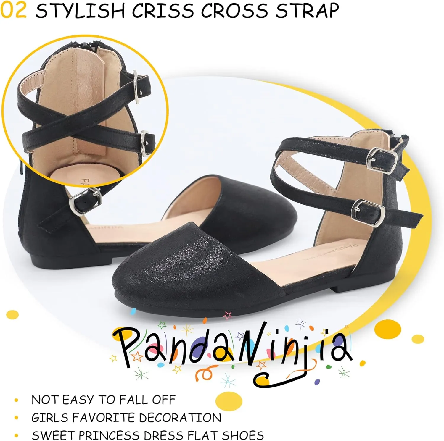 PANDANINJIA Girls Dress Shoes Flats Wedding Party School Toddler Little Kids Ankle Strap Ballet Flats Sandals