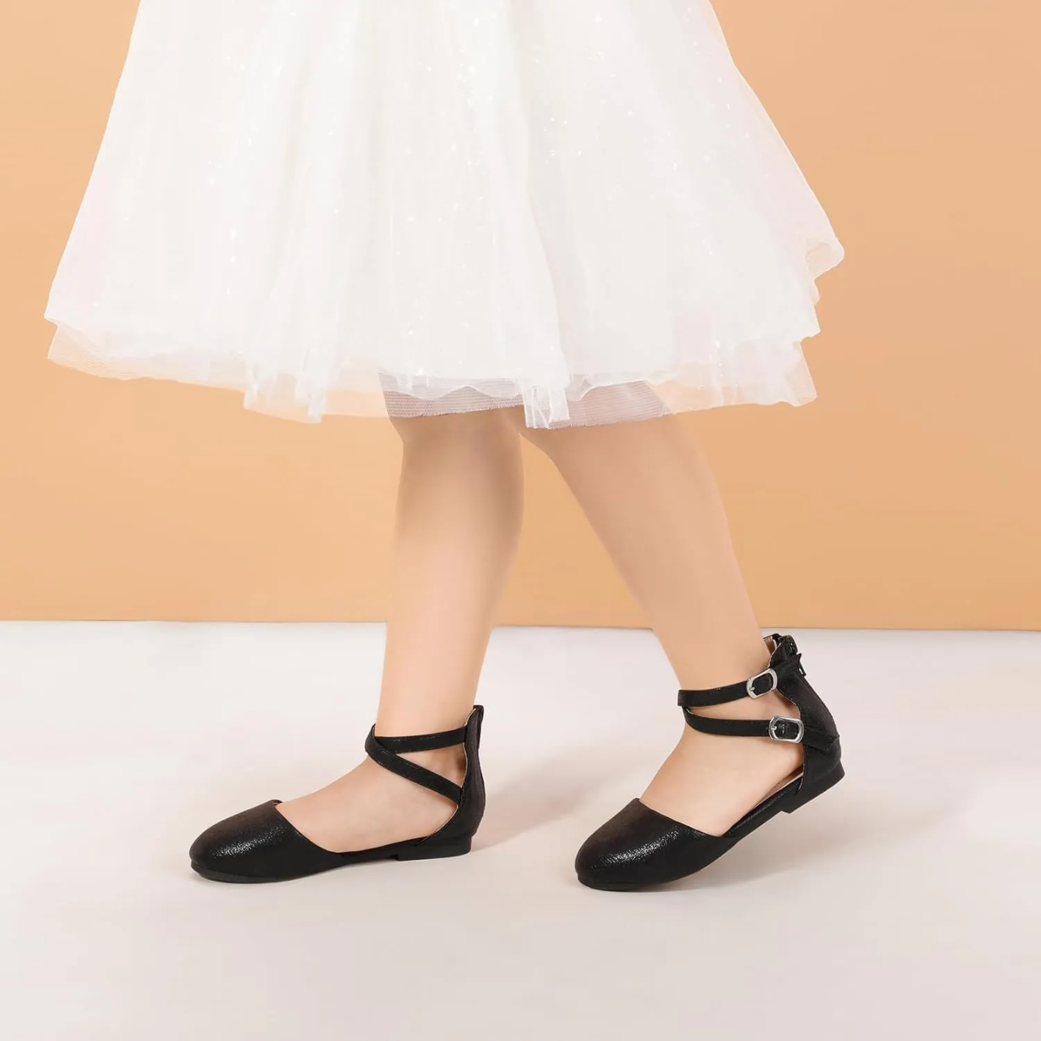 PANDANINJIA Girls Dress Shoes Flats Wedding Party School Toddler Little Kids Ankle Strap Ballet Flats Sandals