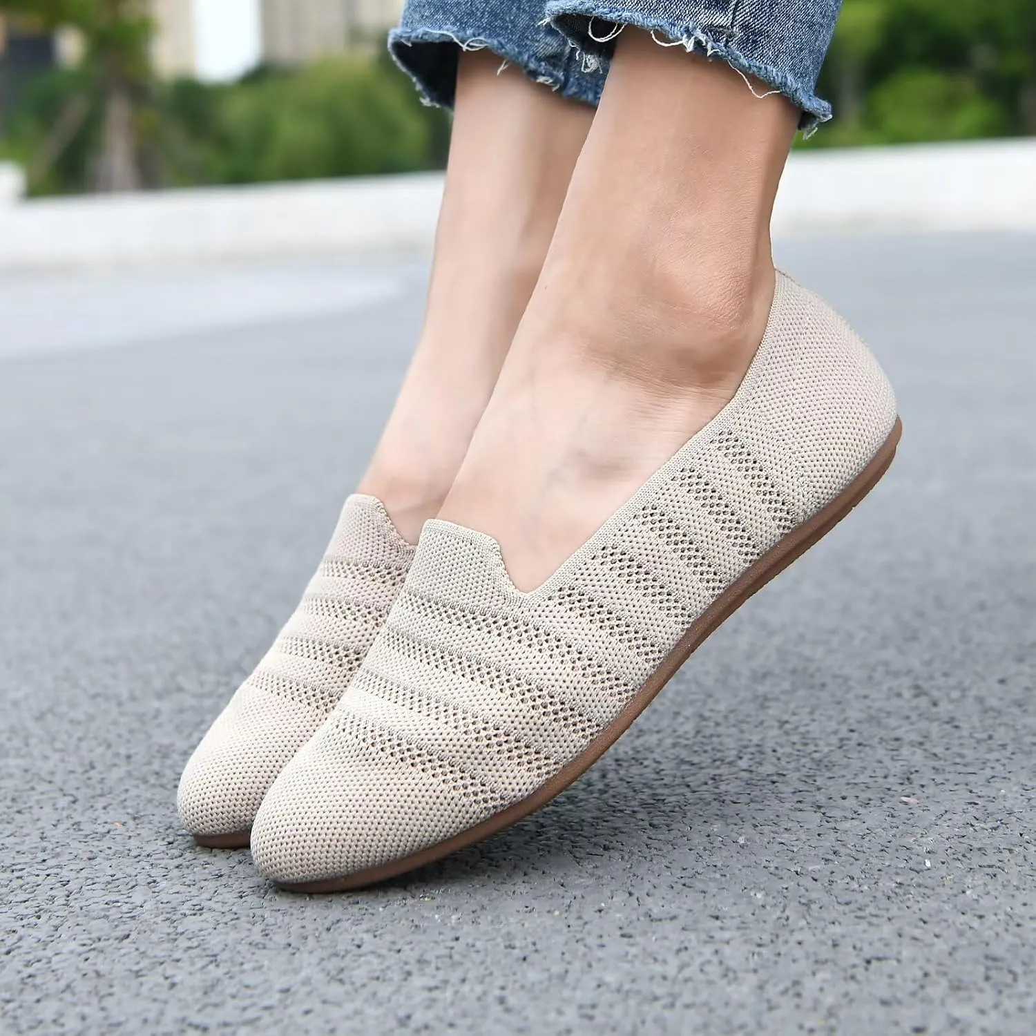 Puxowe Women's Knit Ballet Flats Slip-On Shoes with Low Wedge Sole - Comfortable Round Toe Shoes for Walking, Dress & Casual Outfits