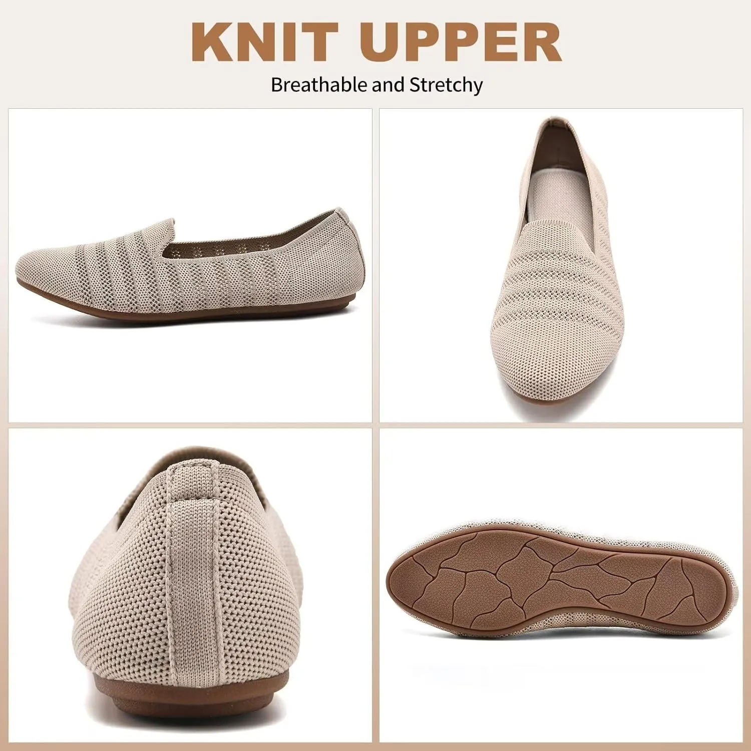 Puxowe Women's Knit Ballet Flats Slip-On Shoes with Low Wedge Sole - Comfortable Round Toe Shoes for Walking, Dress & Casual Outfits