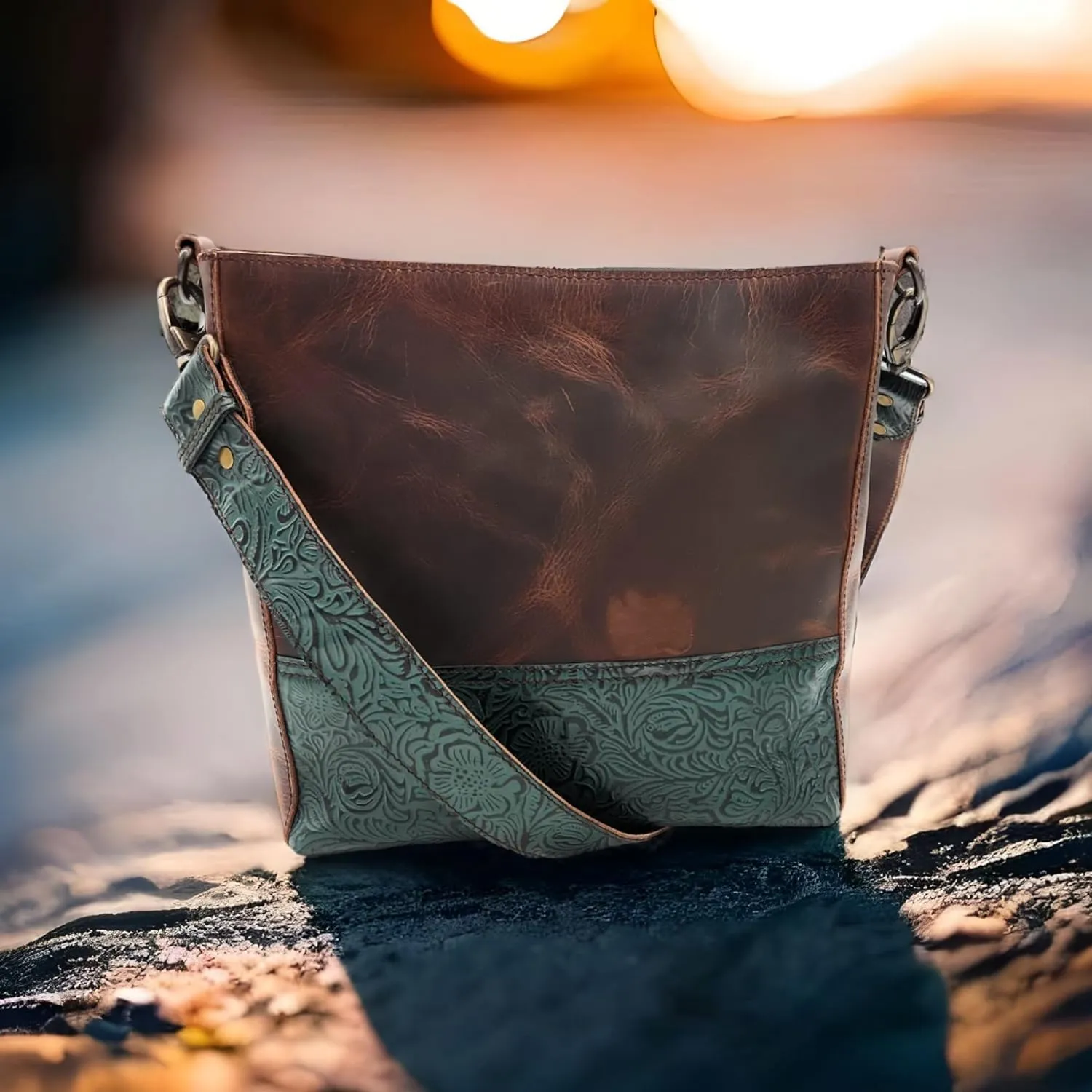 Ranch Junkie Handcrafted Rancho Leather Tooled Belt Strap Purse With Interchangeable Leather Strap (Tooled Turquoise And Vintage Brown)
