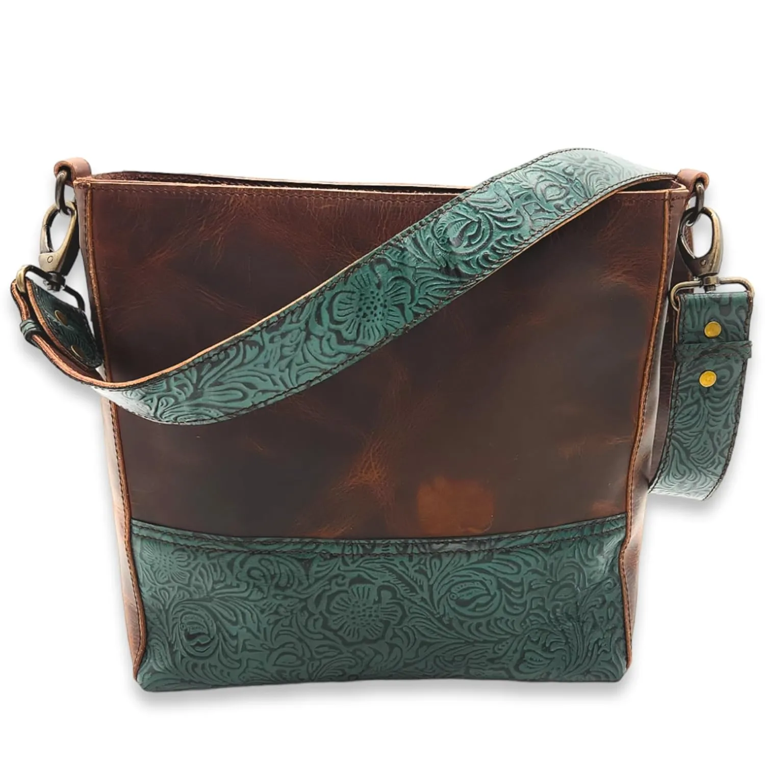 Ranch Junkie Handcrafted Rancho Leather Tooled Belt Strap Purse With Interchangeable Leather Strap (Tooled Turquoise And Vintage Brown)