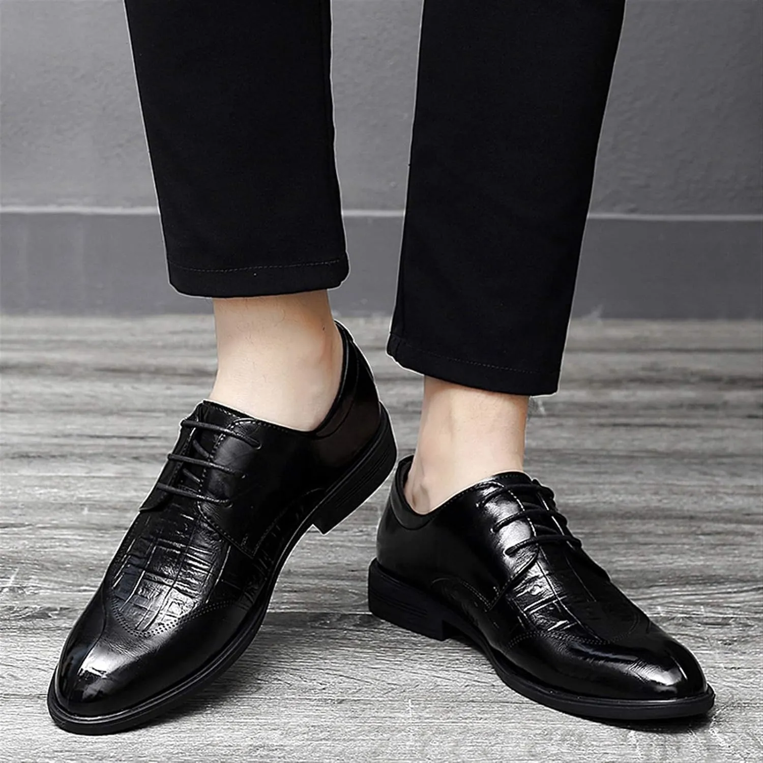 Single Season Oxford Formal Shoes for Men Lace Up Split Round Toe Crocodile Embossed Derby Shoes Vegan Leather Anti-Slip Low Top Block Heel Party Very Popular Among Young People