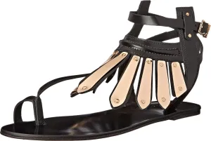 Soleil Black Leather Fashion Ankle Strap Thong Flat Gold Sandals