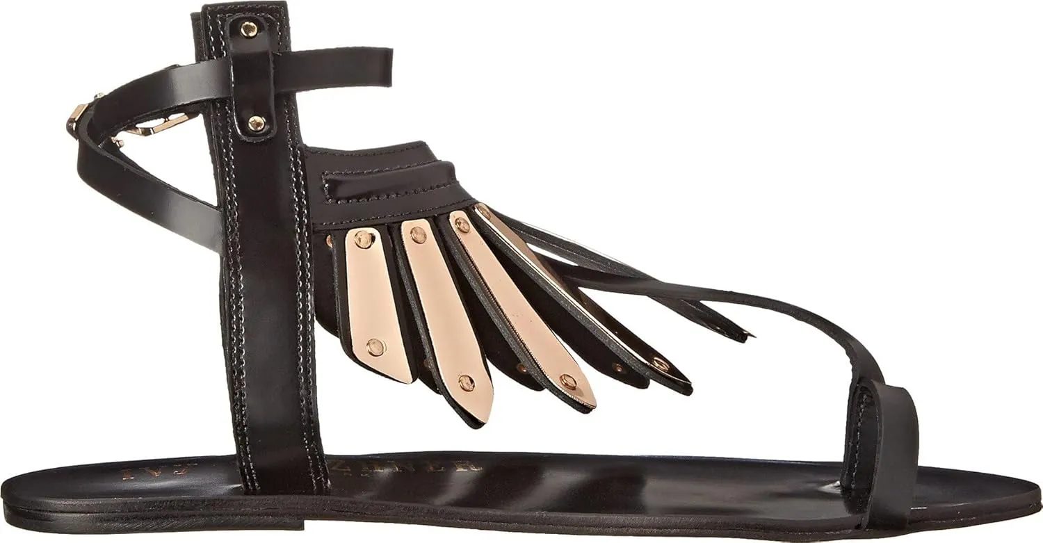 Soleil Black Leather Fashion Ankle Strap Thong Flat Gold Sandals