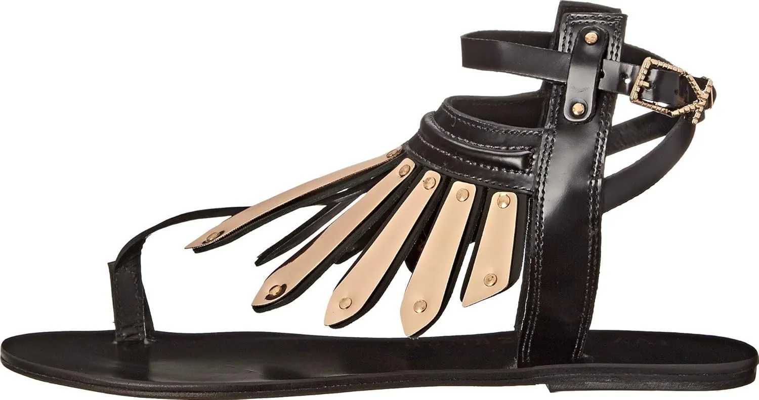 Soleil Black Leather Fashion Ankle Strap Thong Flat Gold Sandals