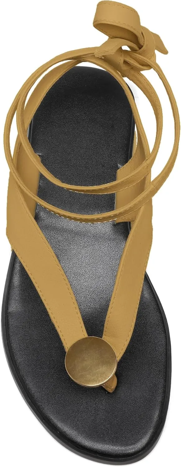Strap Flip Flop Flat Sandals for Women with Metal Circular Ankle Strappy Ladies Fashion Cute Summer Thong Sandals Dressy.